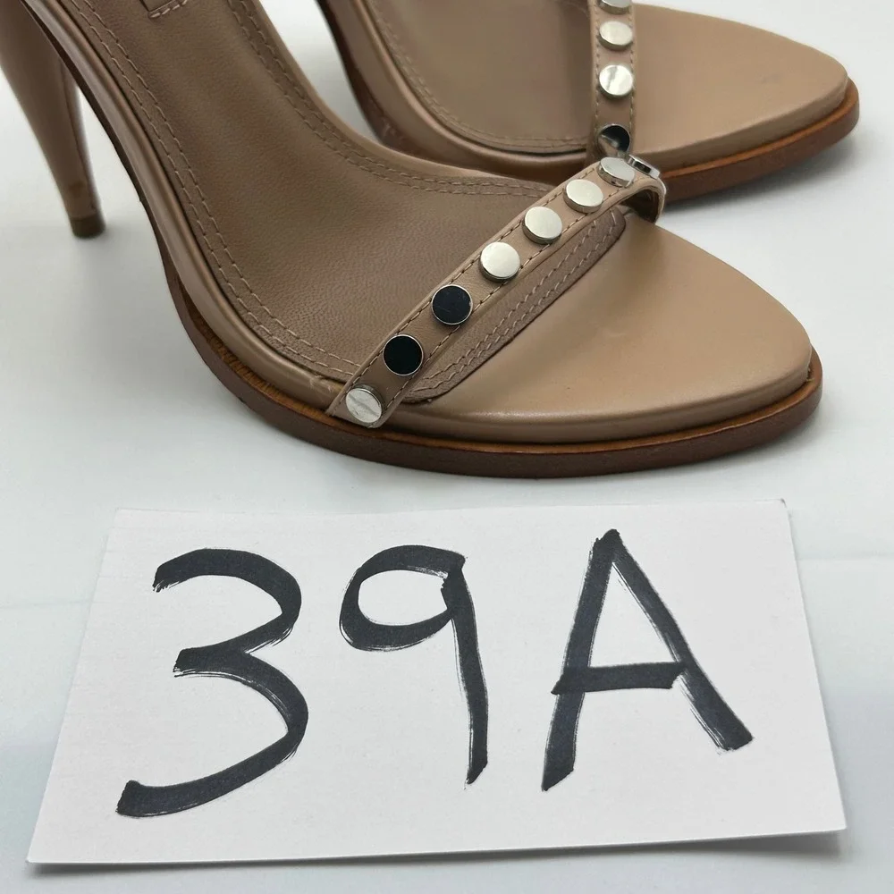 BCBGMAXAZRIA Marie Sandals Womens 7.5 Tan Studded Leather Stiletto Edgy Chic